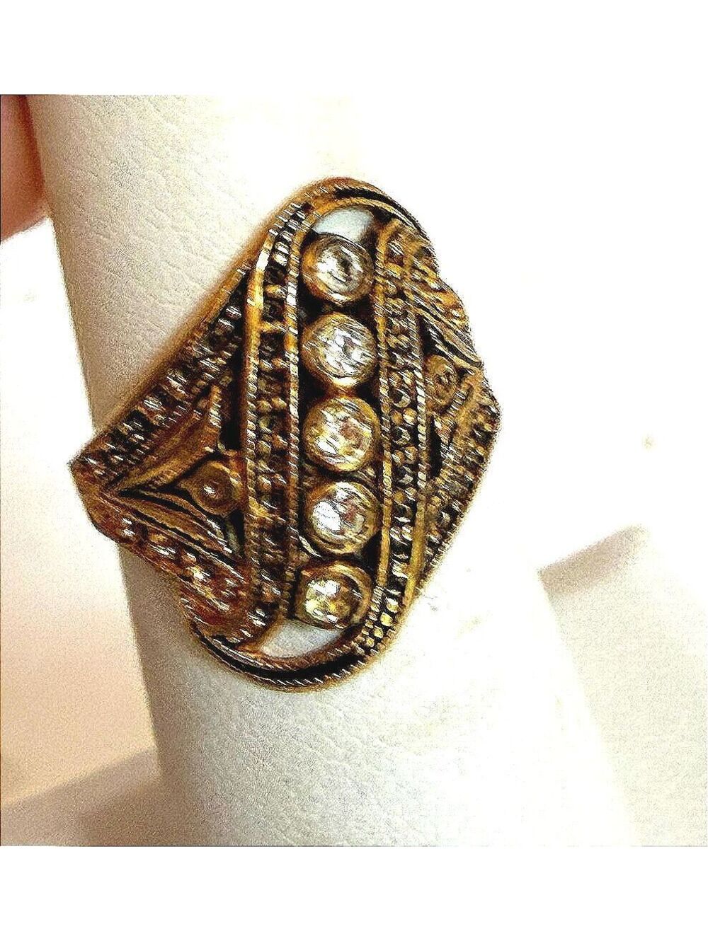 Vintage Gold Plated Filigree Ring with Clear Rhinestones Size 5.75